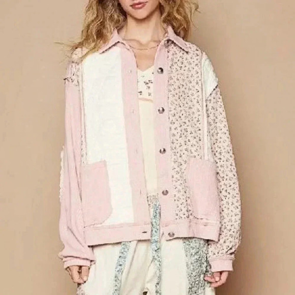Jackets & Blazers - Pink Multi Casual Women's Floral Exposed Seam Button Up Quilted Jacket